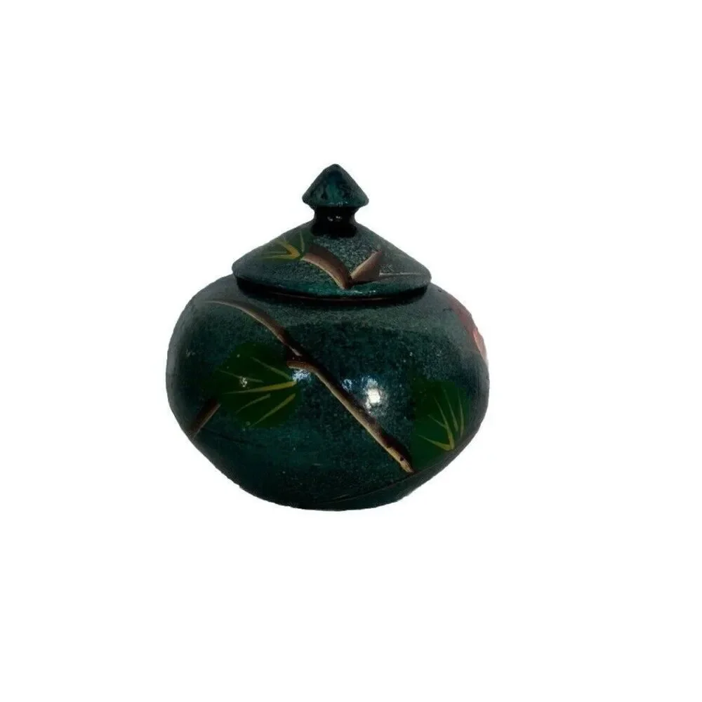 Hand Painted Wood Lacquer Bowl Jar with Lid Parrot Trinket Tropical Wooden Pot